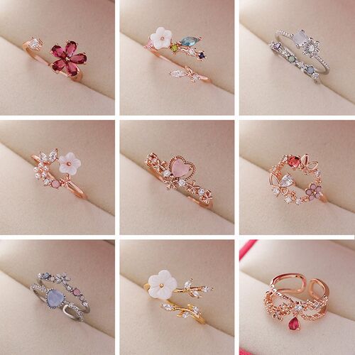 2023 New Fashion Crystal Zircon Rings Sweet Flower Leaf Butt