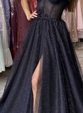 Xijun Sparkly Tulle Prom Evening Dresses Lace Spaghetti Stra