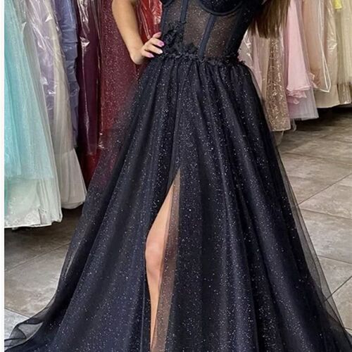 Xijun Sparkly Tulle Prom Evening Dresses Lace Spaghetti Stra