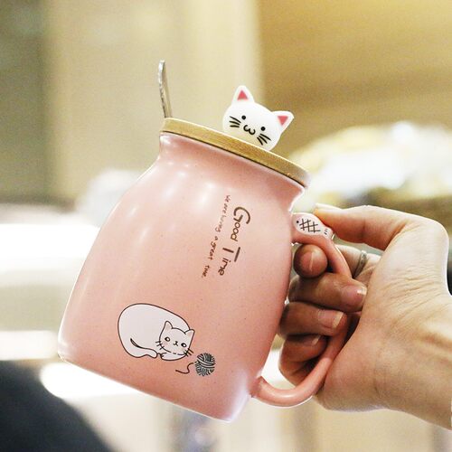 Lovely mug woman of cat ceramic cup with cover cup spoon