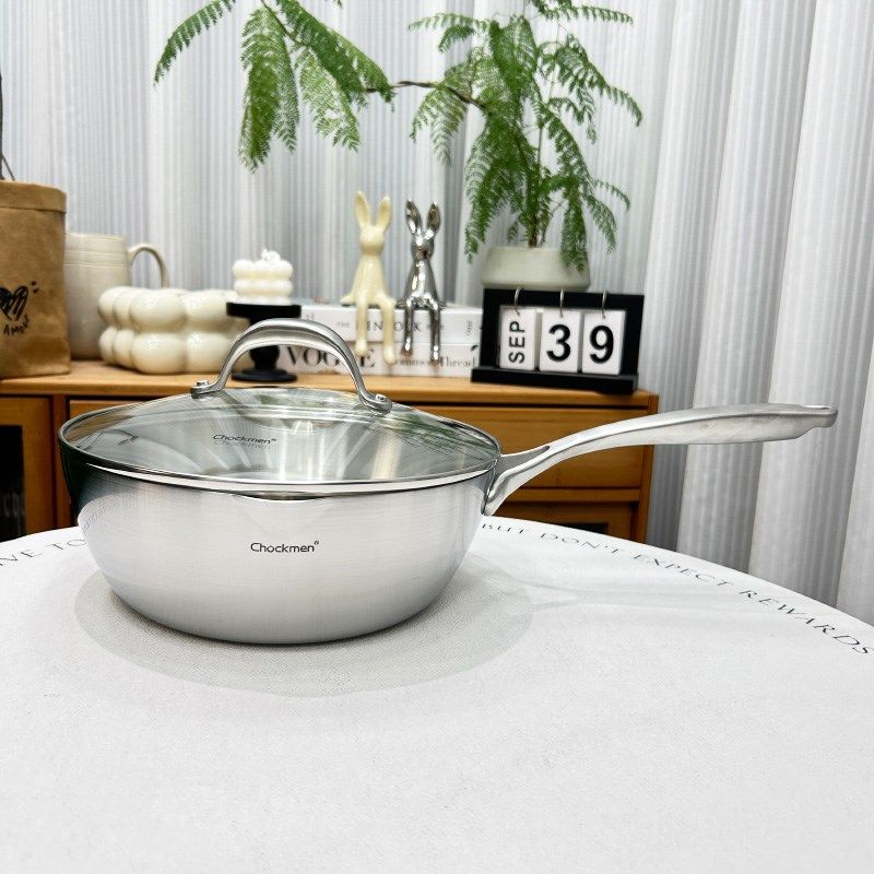 卓德铭18/10不锈钢一体单柄雪平锅小炒锅煎锅多用锅双滤嘴24cm