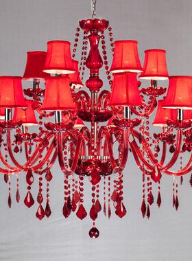 红色水晶吊灯红色蜡烛灯红色玻璃吊灯双层12+6适合婚庆酒店酒吧