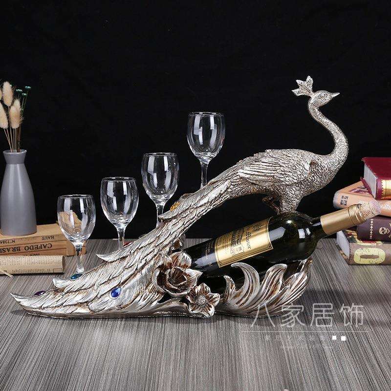 欧式复古做旧孔雀红酒架摆件 雕塑 树脂工艺品家居客厅桌面装饰品