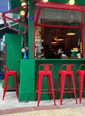 工业风格咖啡奶茶店烧烤店高脚凳红色室外摆吧椅吧台椅子金属材质