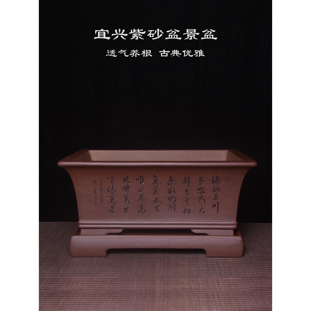 紫砂长方形盆景盆手工原矿加高大号紫色马槽盆栽透气花盆