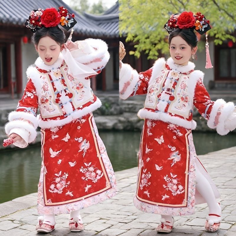 格格服女童秋冬儿童汉服拜年服冬季加厚格格装喜庆红色过年服