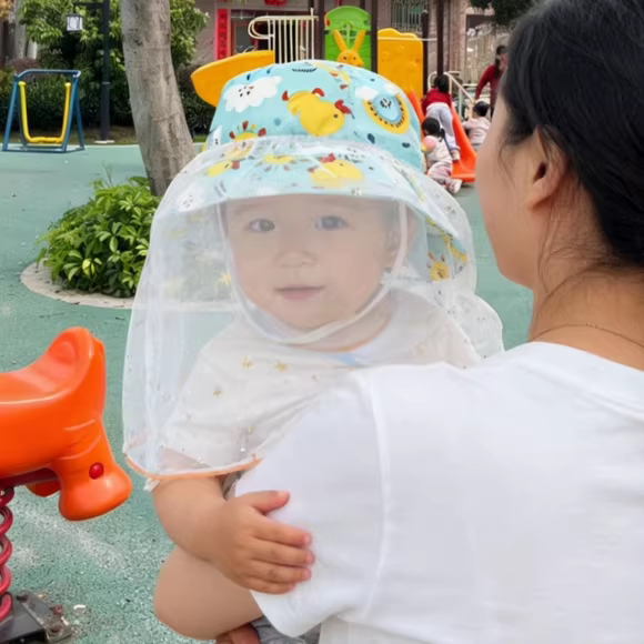 婴儿柳絮面罩帽子宝宝户外遮脸防蚊虫防晒帽春夏带网纱幼儿防护帽