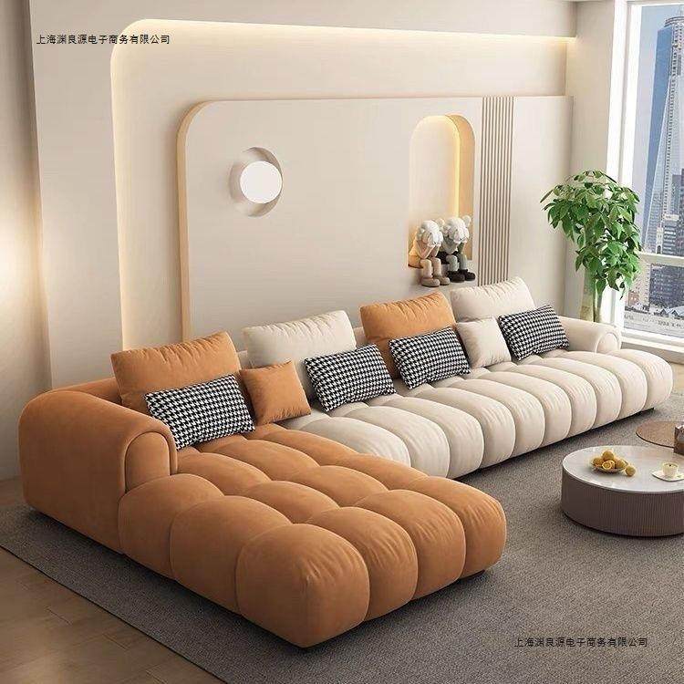 奶油风泡芙布艺沙发客厅猫抓布面料简约耐磨耐用沙发直排贵妃组合