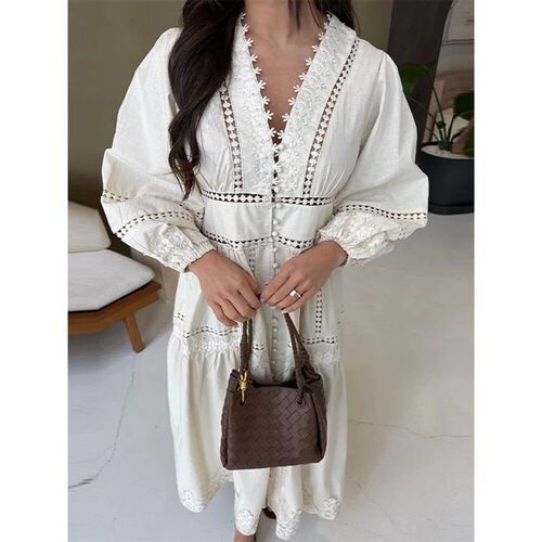 Elegant Lace Hollow Out Womens Long Dress Solid V-neck