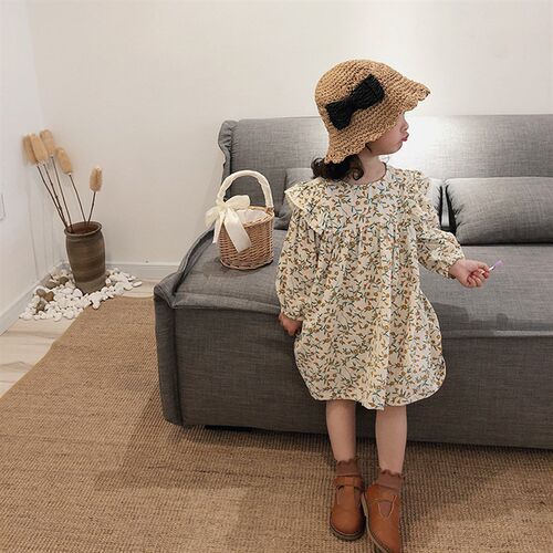 Spring cute girls floral long sleeve princess dress cotton l