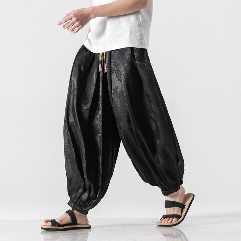 2025 Japanese Ice Silk Dragon Pattern Dark Flower Pants Men