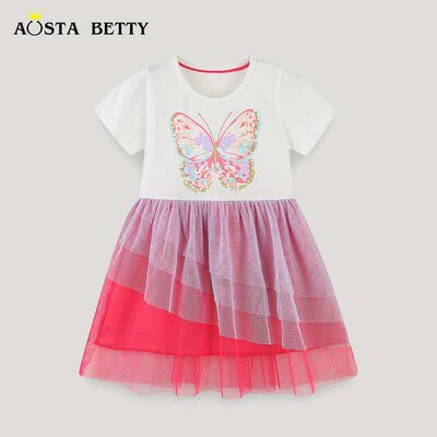 Lattice Girls Dress Summer Cartoon Mesh Childrens Dress Ro