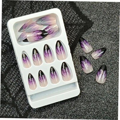 24pcs Halloween Spider Web Purple Almonds Fake Nails Press o