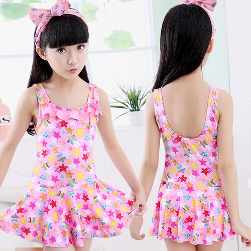 Girls One Piece Swimsuits Skirt Suit Print Flowers Children