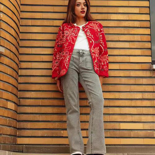 Large Size Womens Retro Patchwork Printed tton at O-neck Lo