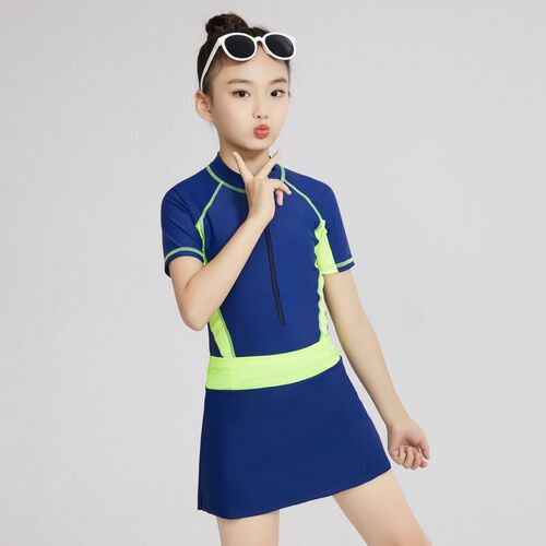 Zipper Front Kids Girl Two Piece Swimsuit With Skirt Short S