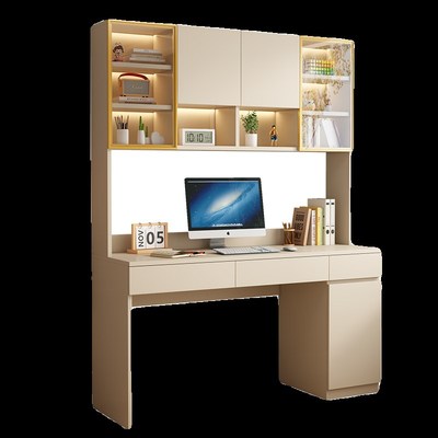 实木书桌书架一体靠墙带书柜写字台书柜桌家用学生学习桌书房整墙