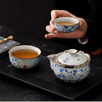 掐丝银福禄双全旅行茶具套装仿古汝窑快客杯户外便携式旅游泡茶器