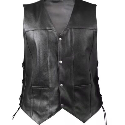 Mens Leather Vest Vneck Singlerow Button Side Straps Short S
