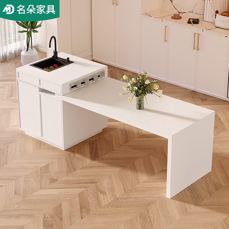 法式奶油风可伸缩岩板岛台餐桌一体家用现代客餐厅多功能导台椅子,住宅家具,岩板餐桌,淘宝优惠券,粉丝福利购,淘宝优惠卷