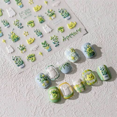 1Pcs Lovely Cat Green Potted Plant Flowers Nail ers 5D Relie