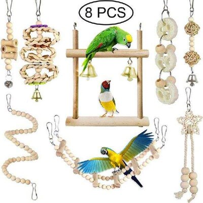 8 Packs Bird Parrot Swing Hanging Toy,Natural Wood Bell