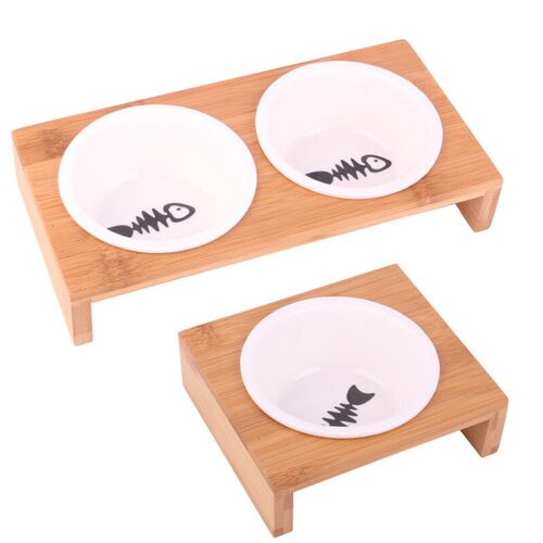 Elevated Pet Bowls, Raised Dog Cat Feeder Solid Bamboo Stand