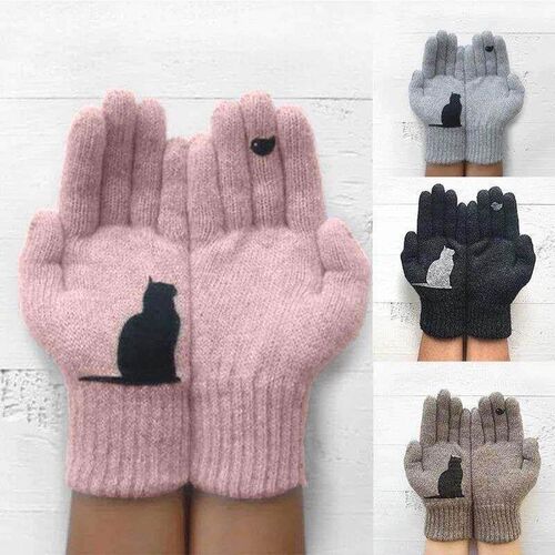 Winter Gloves for Men Women Teens Cute Cat and Bird Printed