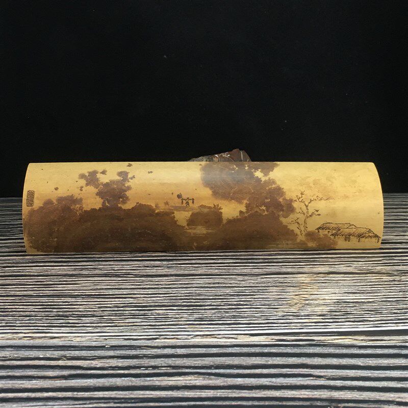 烟雨江南纯手工烙画精磨斑竹雕竹刻巧绘茶则茶具书法臂搁腕枕摆件