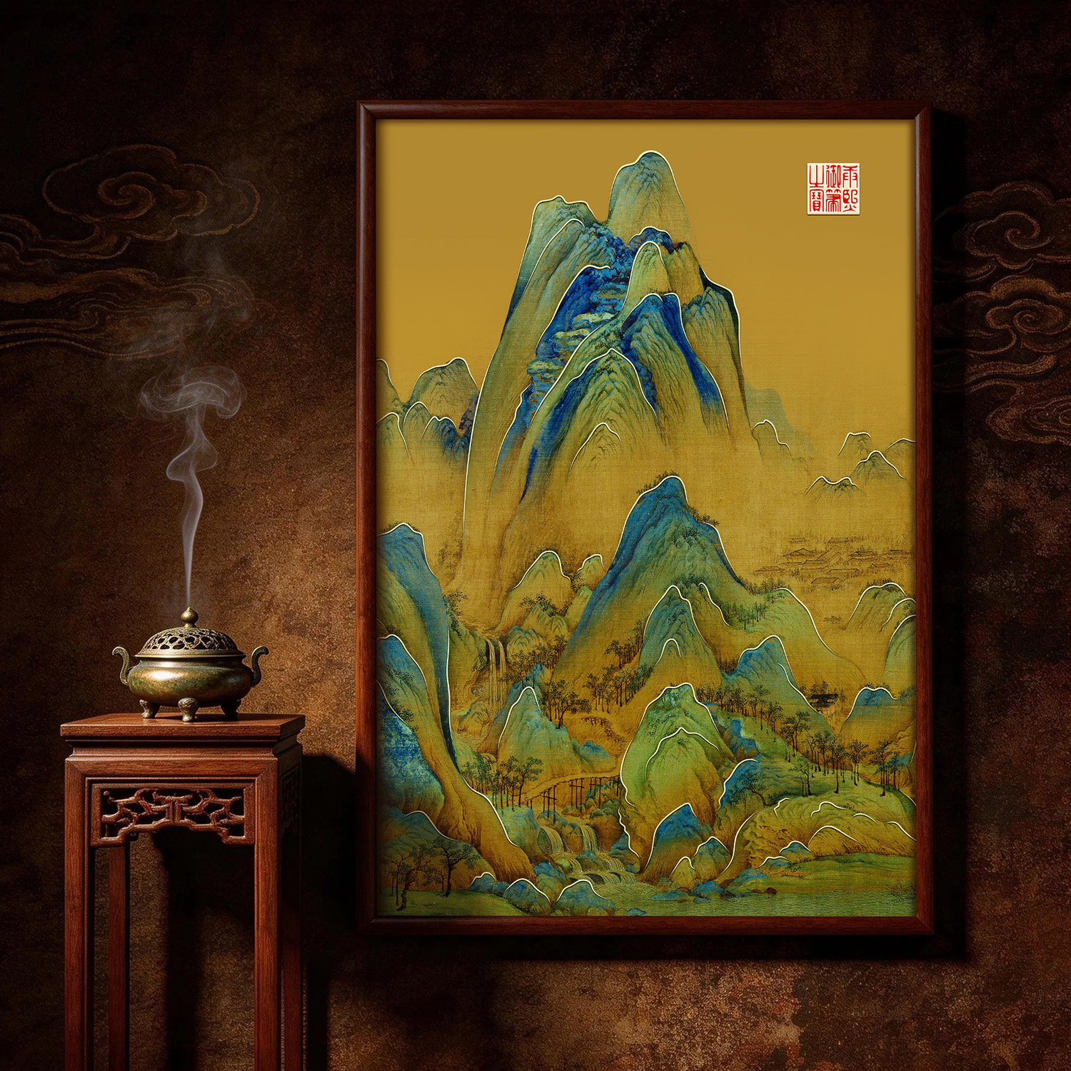 千里江山图挂画铜雕画书房玄关新中式背景墙山水装饰实木挂框画