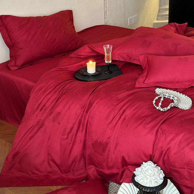 婚庆红色100S长绒棉全棉四件高级感花卉提花埋绳被床上用品,床上用品,婚庆床品套件,淘宝优惠券,粉丝福利购,淘宝优惠卷