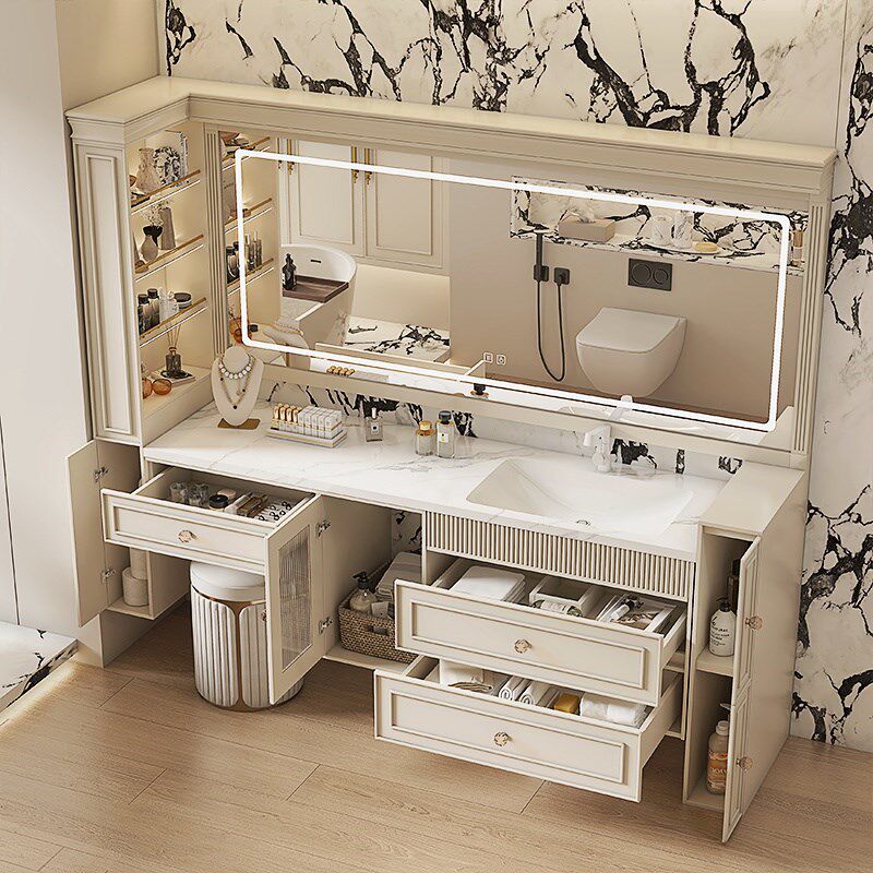 法式浴室柜梳妆台一体岩板陶瓷无缝盆奶油风卫生间洗手盆池柜