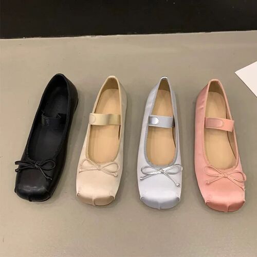 Luxury Satin Silk Ballet Shoes Woman Classic Square Toe Bowt