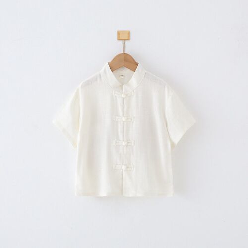 Childrens Hanfu Cotton Linen Collar Base Shirt Short-sleeve