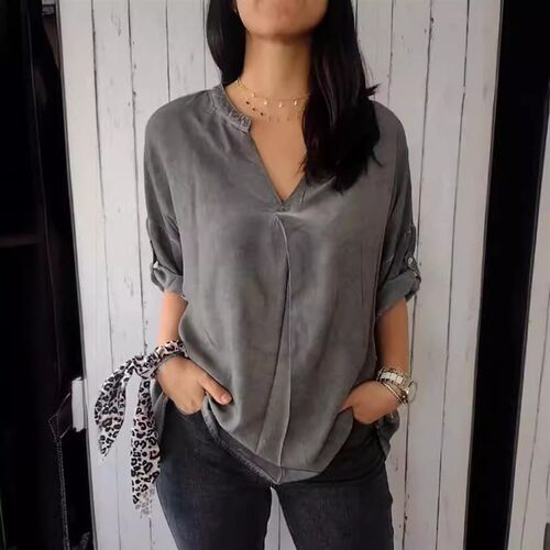 2025ebay Womens V-neck tton Linen Pure Large-size Shirt