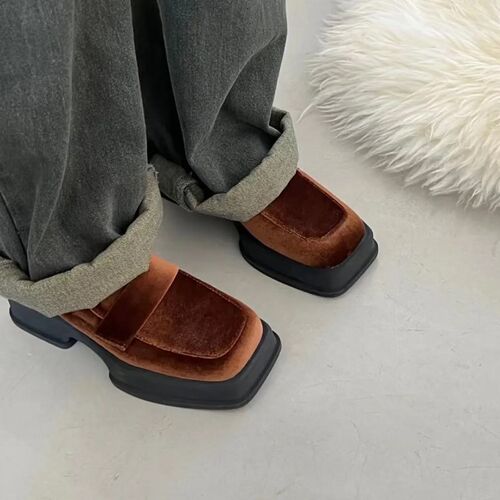 Women Luxury Velvet Loafers Fashion Square Toe Platform Mocc