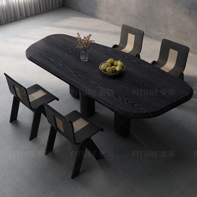 侘寂风碳化异型餐桌茶桌一体组合设计师客厅桌椅组合阳台实木饭桌