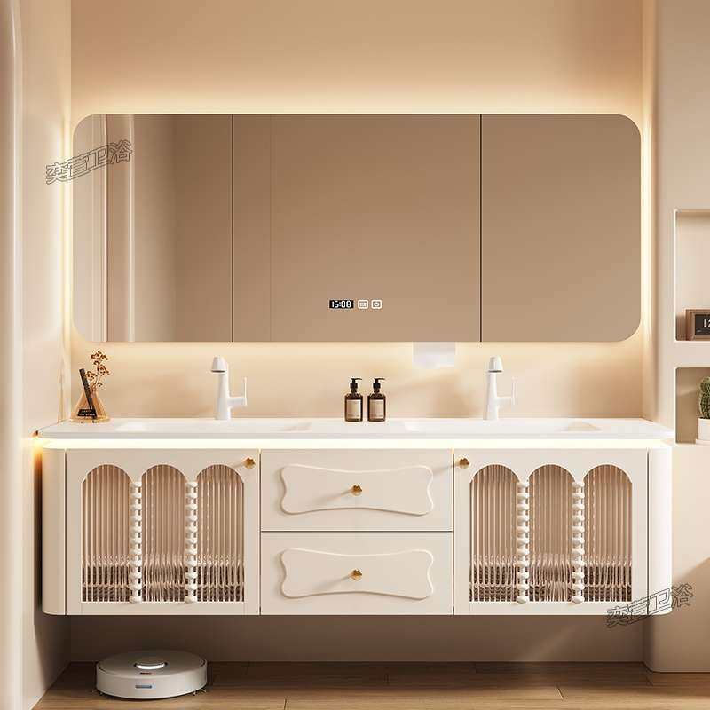 法式奶油风双盆浴室柜组合岩板热弯一体盆智能柜卫生间洗漱台复古,3C数码配件,其它配件,淘宝优惠券,粉丝福利购,淘宝优惠卷