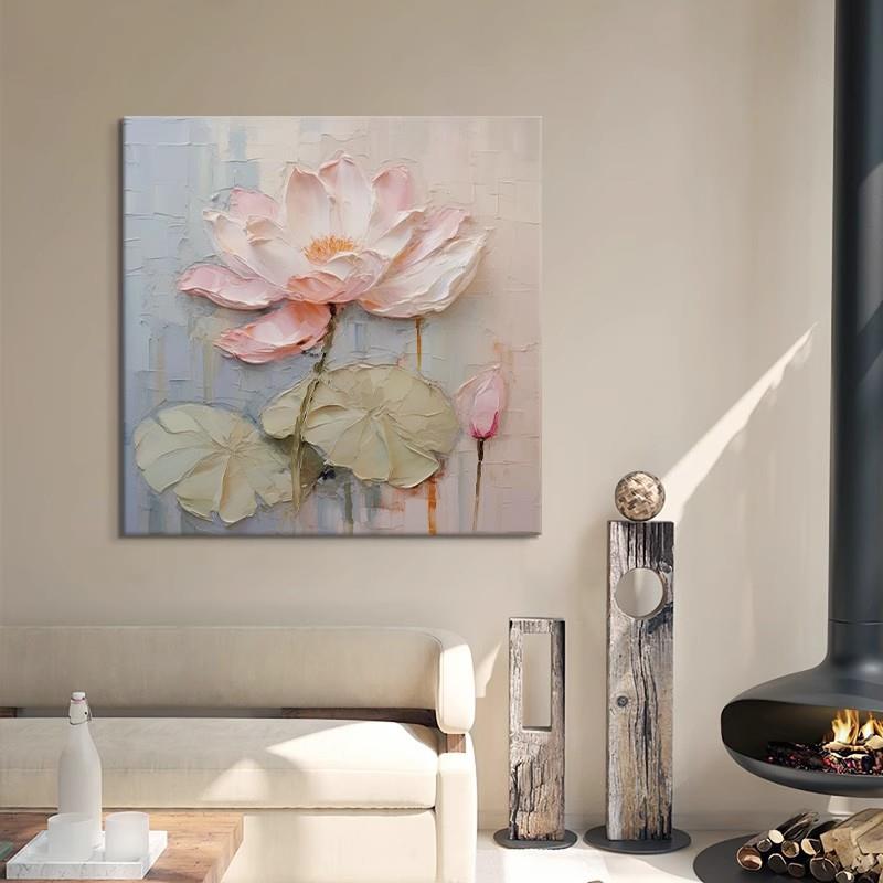 荷气生财手绘肌理油画客厅餐厅荷花植物花卉装饰画玄关挂画装饰画