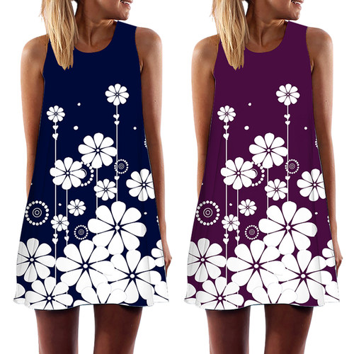 Summer New Floral Print Womens Vest Dress Casual O-Neck
