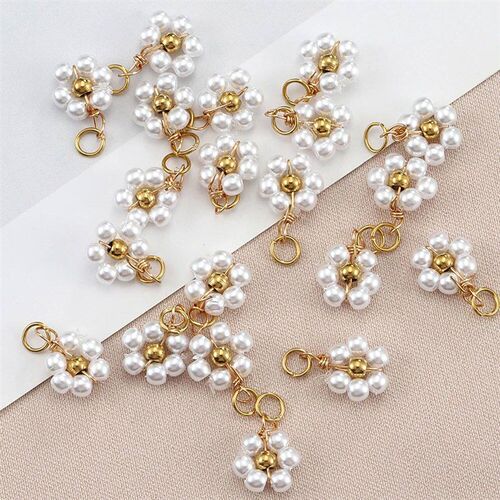 20pcs Stainless Steel Flower Imitation Pearl Beads Charms Pe