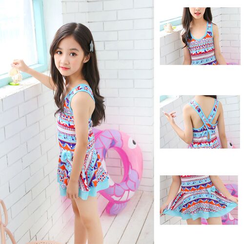 Girls Cute Classical Swim Suits With Cap Children Swimwear K