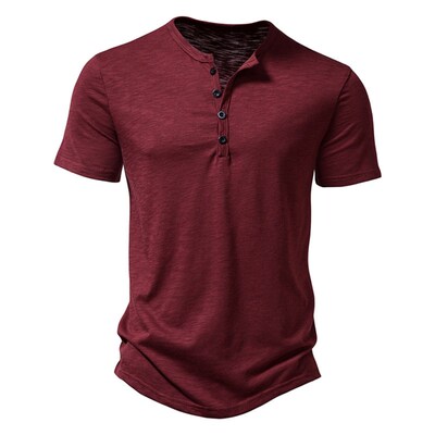 Henley Collar Summer Men Casual Solid Color Short Sleeve T S