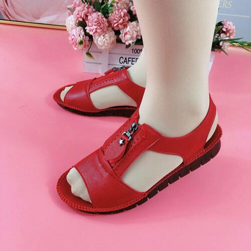 Women Sandals Zipper Flat Soft Pu Leather Sole Comfy Sandali