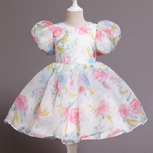Elegant Girls Flower Puff Sleeve Dresses For Weddings  Kids