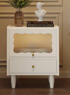 白色网奶油18405风床轻头柜家用卧创意波浪侘寂红奢小型窄柜实木