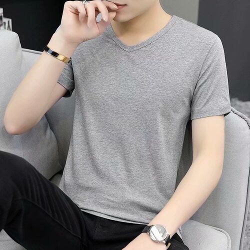 Mens VNeck Short Sleeve TShirt Slim Fit White Basic Versatil