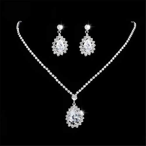 Water Drop Rhinestone Long Pendant Full Crystal Silver Plate