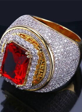 Hot Fashion Big Male Wide Red Zircon Stone Geometric Ring  Y