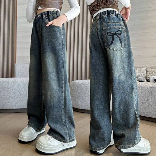 Girl Pocket Bow Embroidery Jeans New Teenage Children Wide L